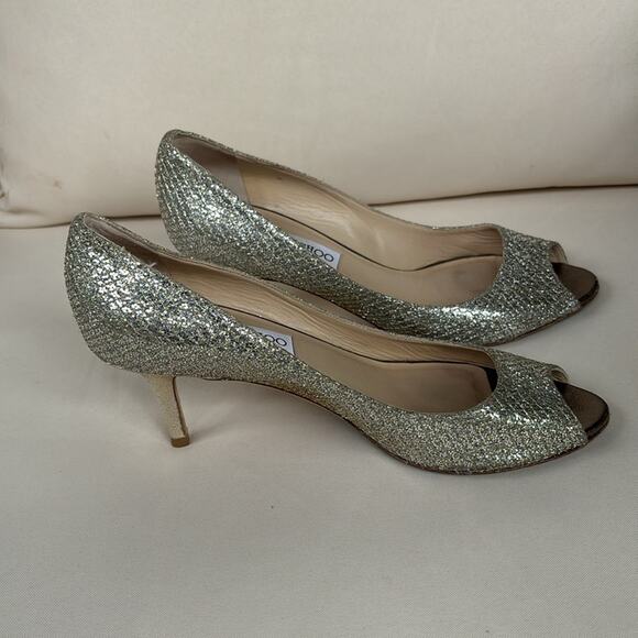 Jimmy Choo Isabel Glitter Peep Toe Pumps Shoes Size 7.5 US - Picture 10 of 12